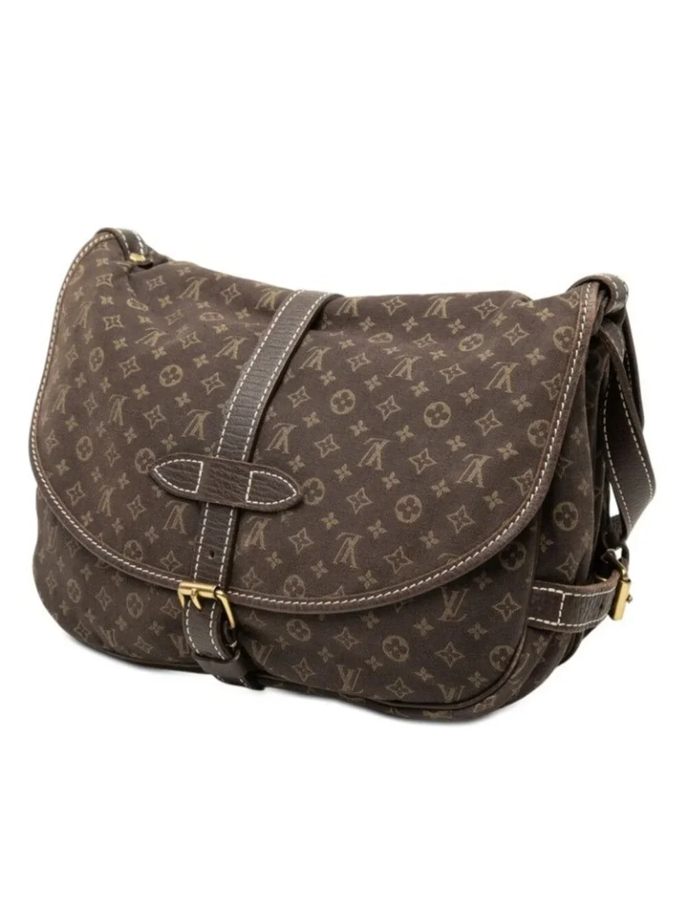 Louis Vuitton Monogram Mini Lin Saumur 30 Crossbody Shoulder Bag Dark Brown